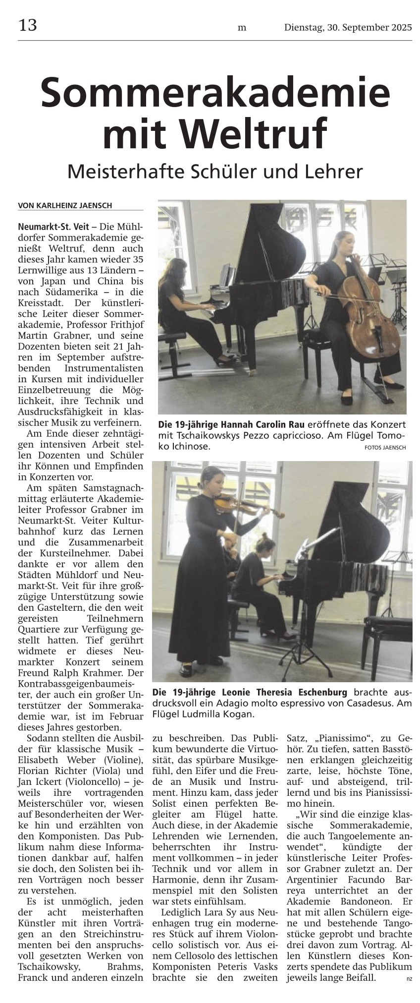Zeitungsbericht „Sommerakademie mit Weltruf – Meisterhafte Schüler und Lehrer“ über die Mühldorfer Sommerakademie 2025 und ihr Abschlusskonzert mit internationalen Nachwuchsmusikern.