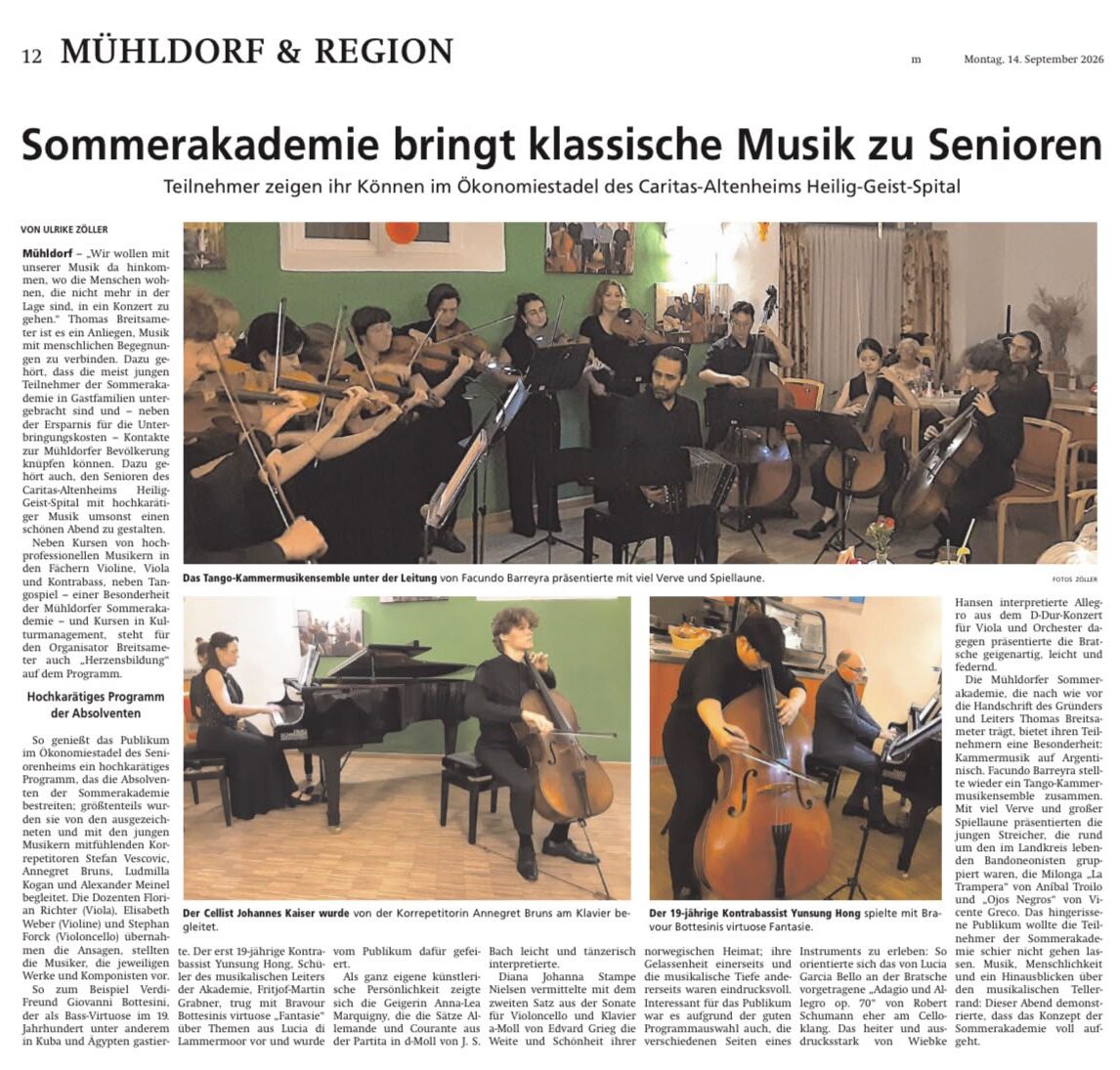Zeitungsbericht über die Mühldorfer Sommerakademie im Seniorenheim Heilig-Geist-Spital