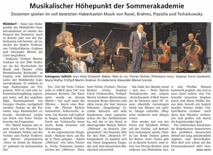 Zeitungsbericht über das Dozentenkonzert der Mühldorfer Sommerakademie 2026 im Haberkasten