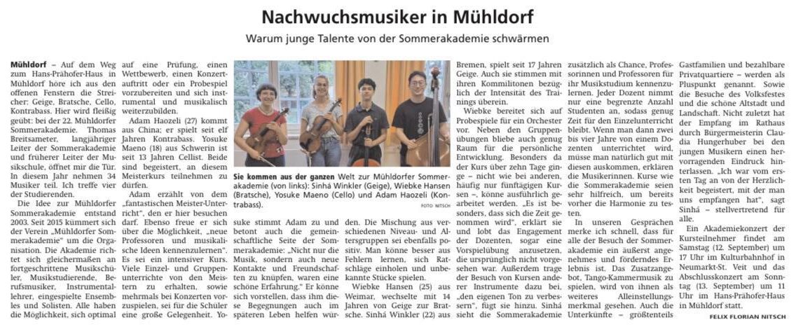 Nachwuchsmusiker in Mühldorf – Pressebericht über die Mühldorfer Sommerakademie