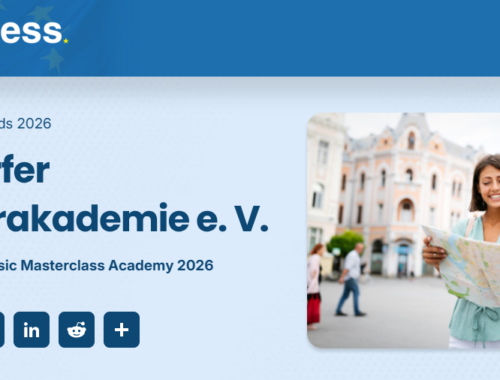 Offizielle Auszeichnung der Mühldorfer Sommerakademie e. V. durch EU Business News als „Best International Music Masterclass Academy 2026“ im Rahmen der European Travel Awards 2026.